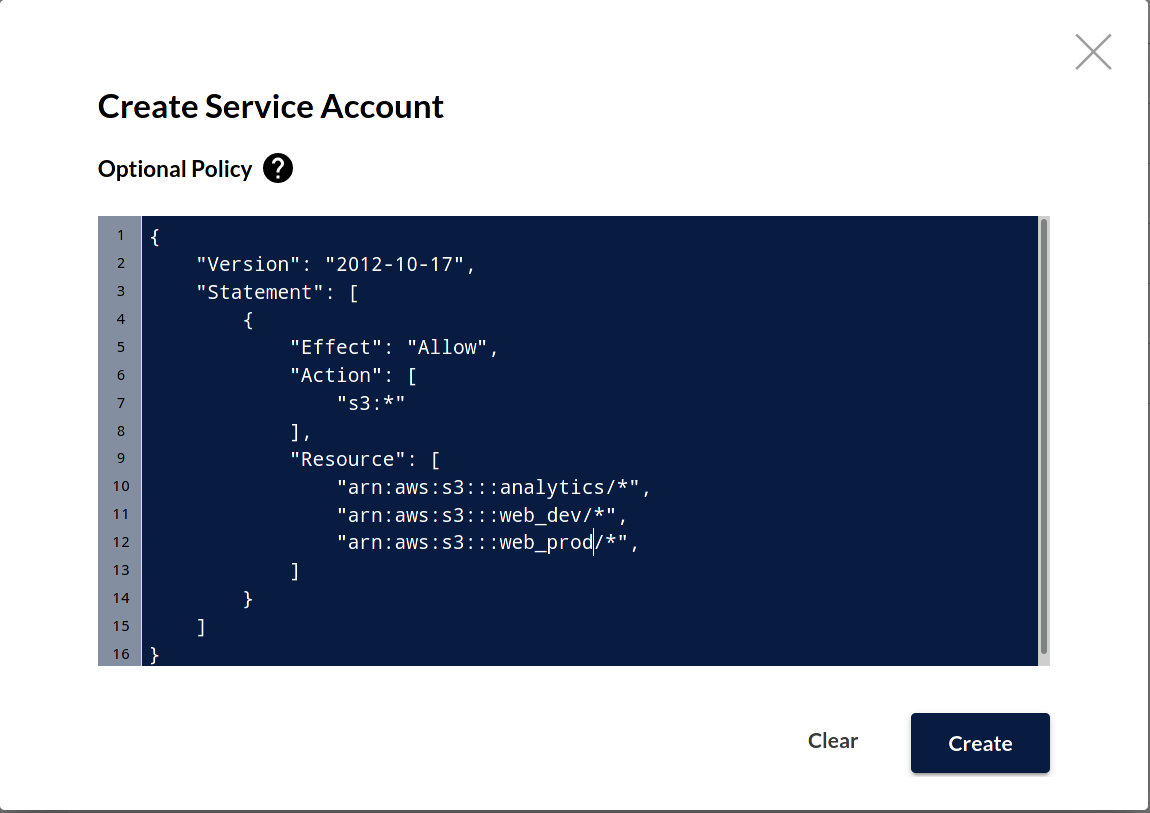MinIO Console Service Account Management Create New Service Account