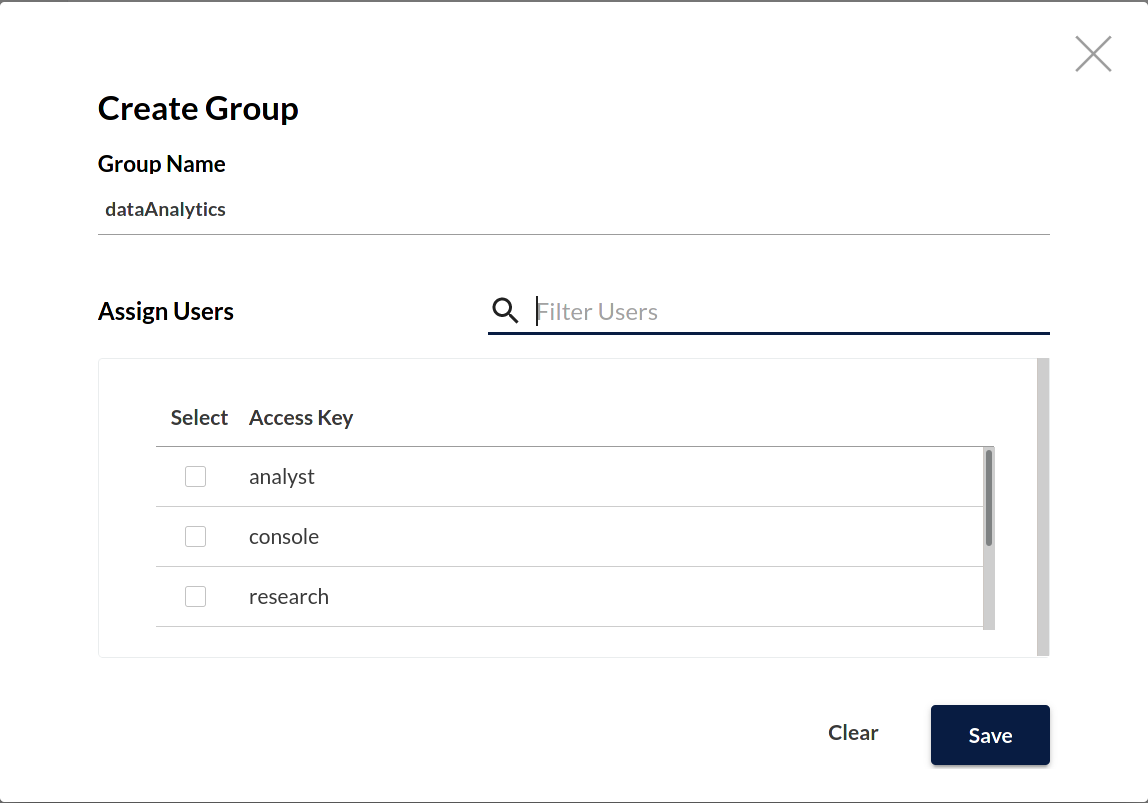 MinIO Console Group Create Modal