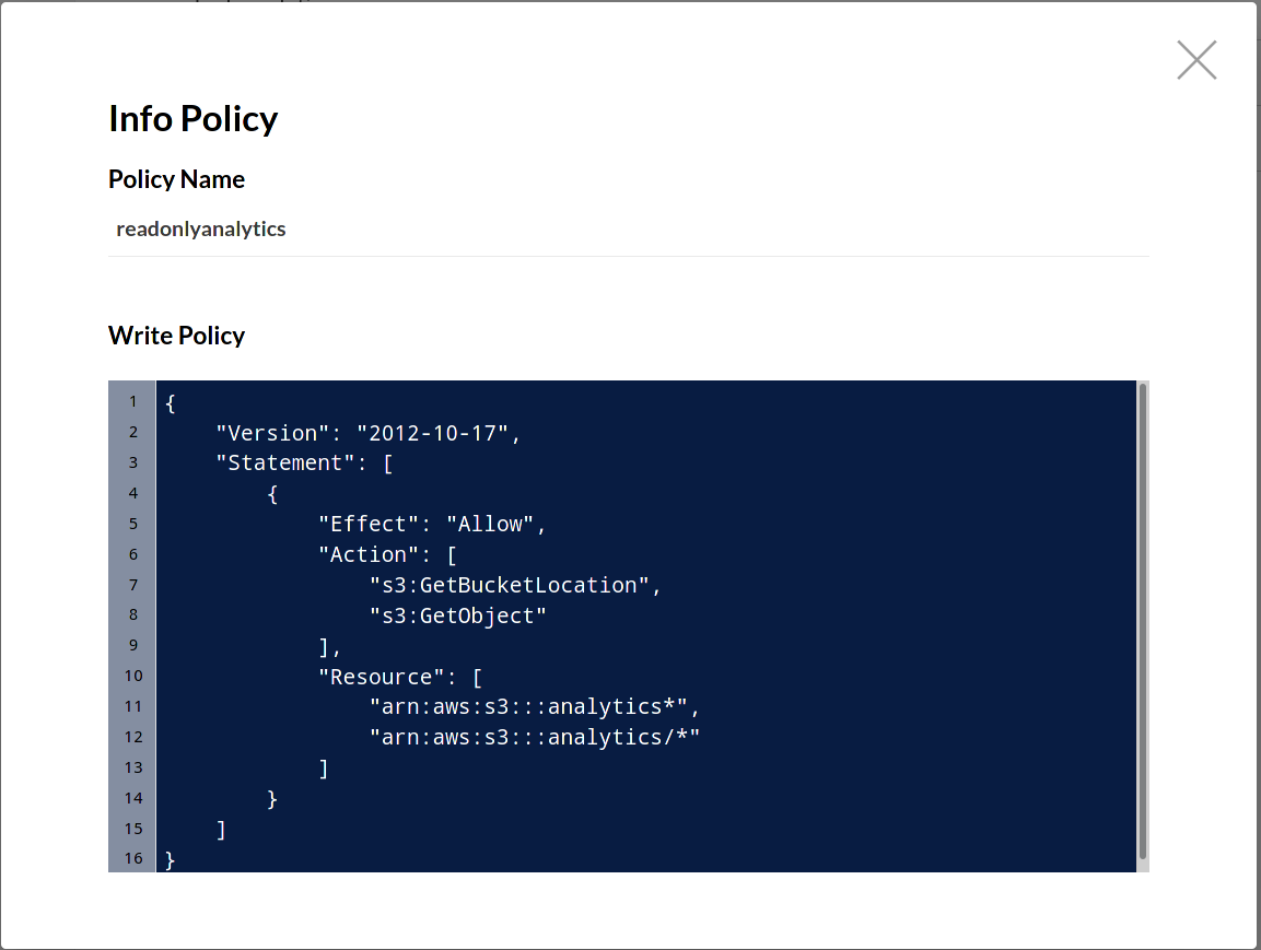 MinIO Console IAM Policies Info