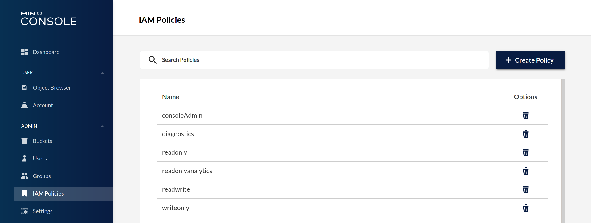 MinIO Console IAM Policies Management View