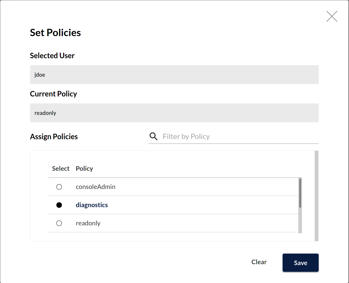 MinIO Console User Management Set Policies