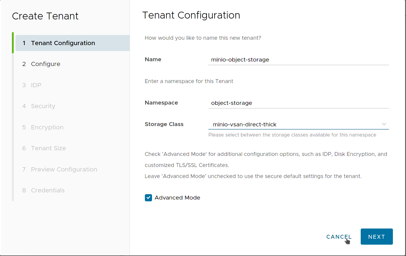Tenant Configuration step