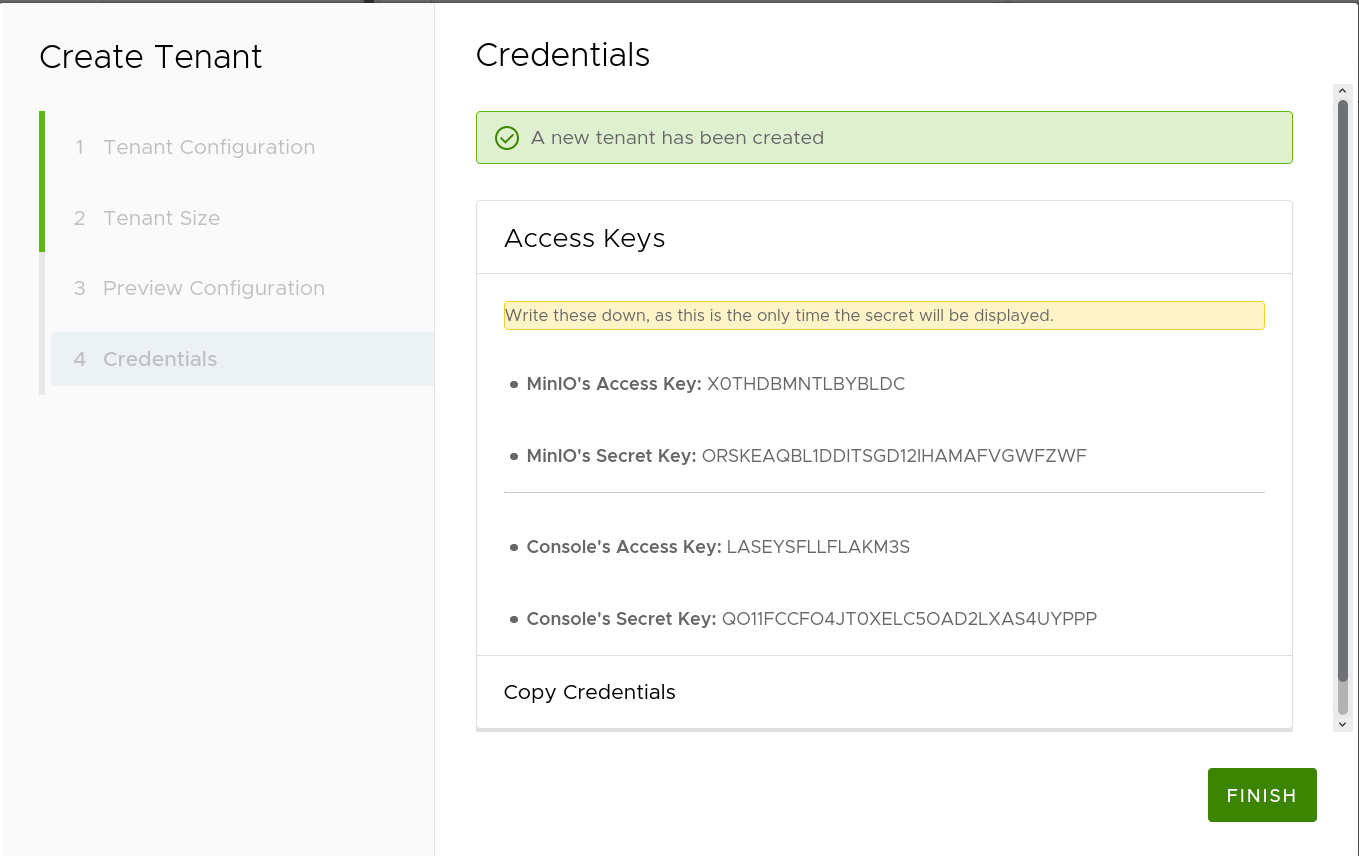 MinIO Tenant Credentials